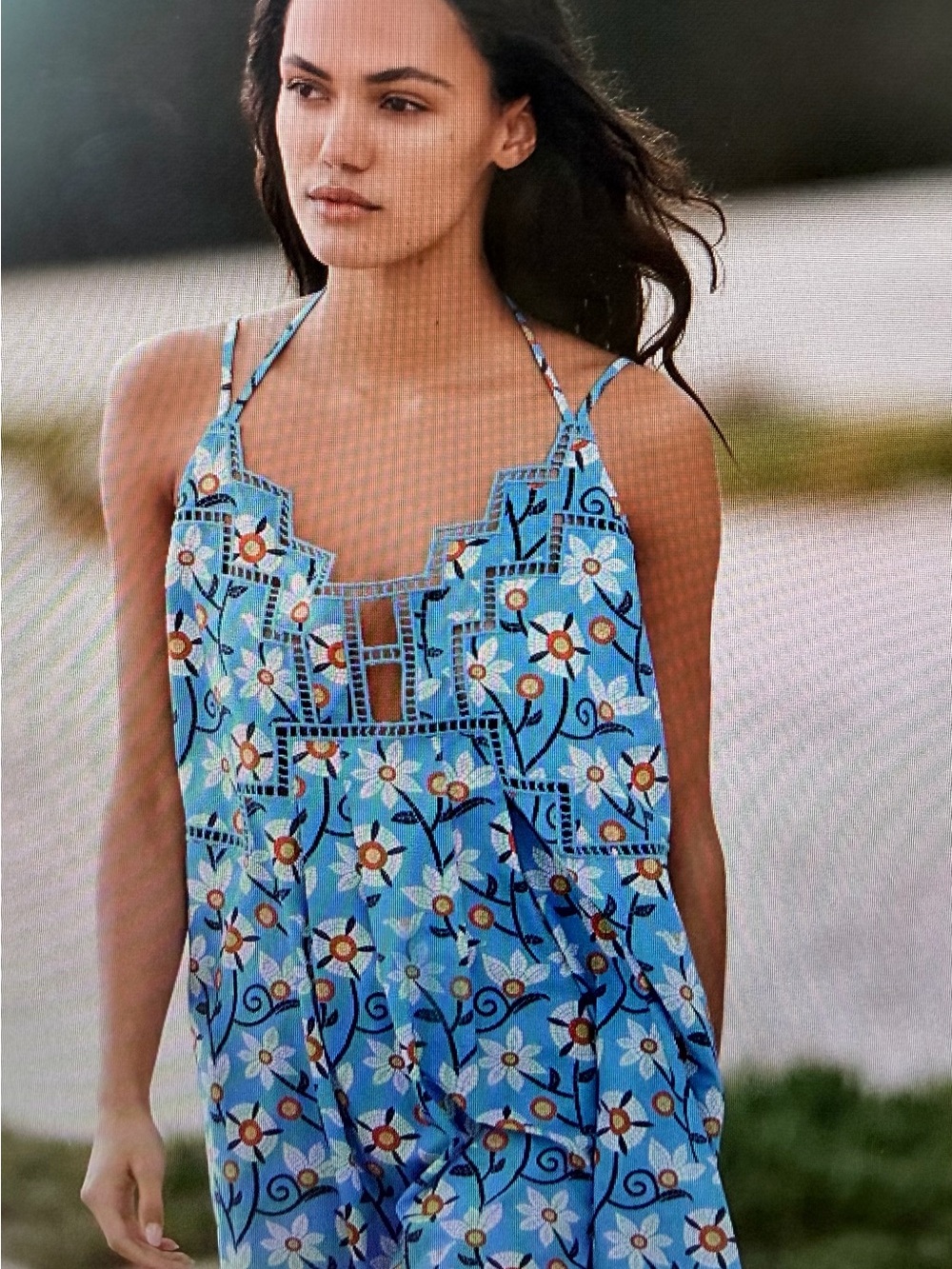 Blue Floral Mini Dress with Mosaic tiles/Embroidered Neckline -